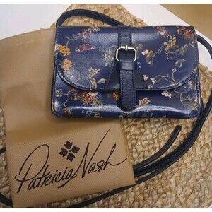 Patricia Nash Small Crossbody Torri Butterfly Gardens Leather Navy Blue NEW $104